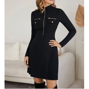Zip Front Flap Pocket Knit Dress Black